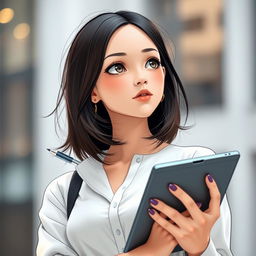 A modern and elegant girl with shoulder-length hair, confidently holding a pen and tablet, gazing thoughtfully into the distance