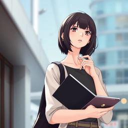 A modern and elegant girl with shoulder-length hair, confidently holding a pen and tablet, gazing thoughtfully into the distance