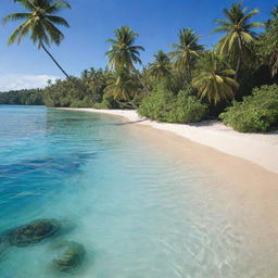 A serene and beautiful tropical island, bathed in sunlight, with clear turquoise water lapping against its fine sandy shores, coconut trees swaying gently in the breeze, and a lush tropical jungle in the distance.