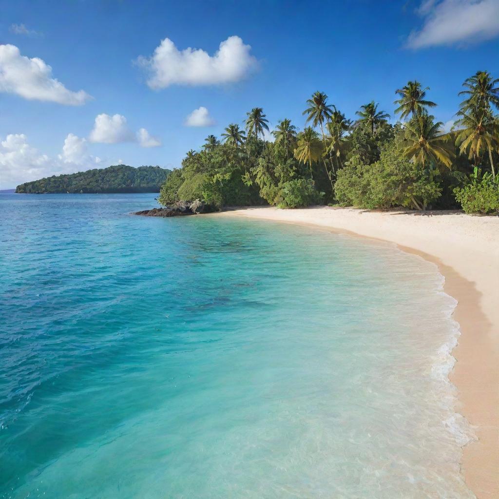 A serene and beautiful tropical island, bathed in sunlight, with clear turquoise water lapping against its fine sandy shores, coconut trees swaying gently in the breeze, and a lush tropical jungle in the distance.