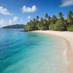 A serene and beautiful tropical island, bathed in sunlight, with clear turquoise water lapping against its fine sandy shores, coconut trees swaying gently in the breeze, and a lush tropical jungle in the distance.