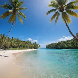 A serene and beautiful tropical island, bathed in sunlight, with clear turquoise water lapping against its fine sandy shores, coconut trees swaying gently in the breeze, and a lush tropical jungle in the distance.