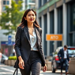 A 27-year-old Asian woman walking confidently on her way to work, with a focused expression looking ahead