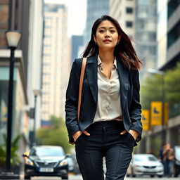 A 27-year-old Asian woman walking confidently on her way to work, with a focused expression looking ahead