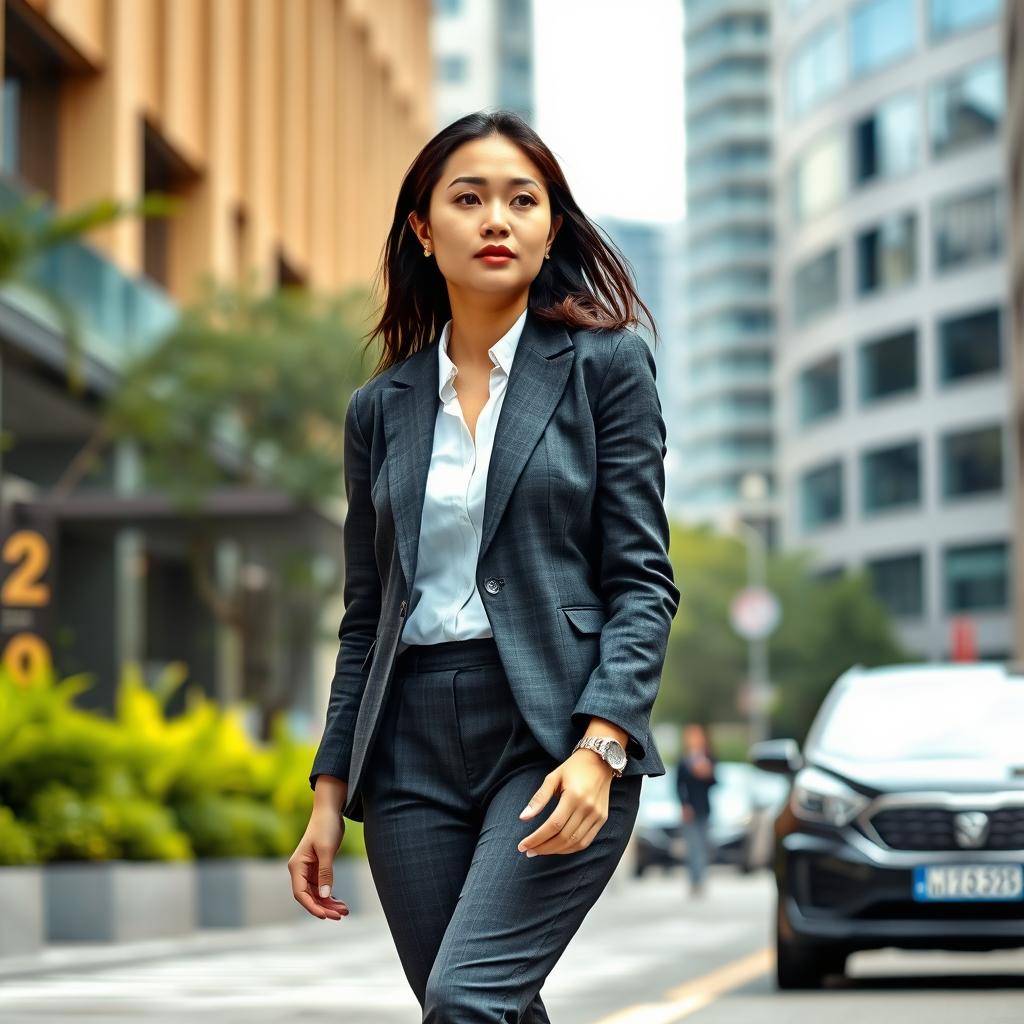 A 27-year-old Asian woman walking confidently on her way to work, with a focused expression looking ahead