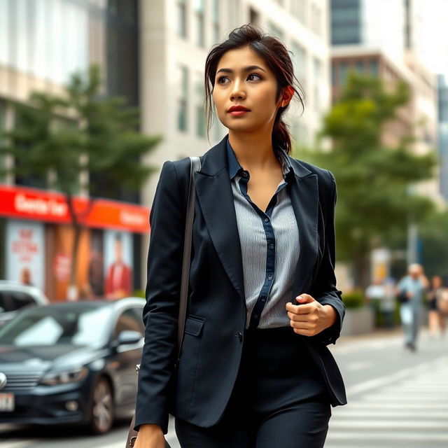 A 27-year-old Asian woman walking confidently on her way to work, with a focused expression looking ahead