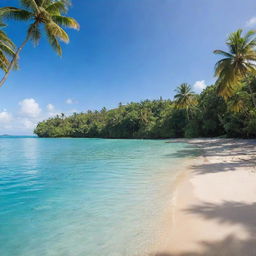 A serene and beautiful tropical island, bathed in sunlight, with clear turquoise water lapping against its fine sandy shores, coconut trees swaying gently in the breeze, and a lush tropical jungle in the distance.