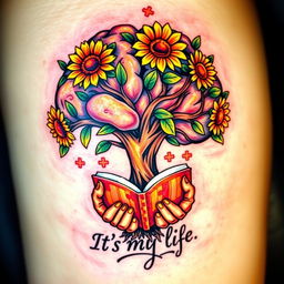 A colorful tattoo design featuring a brain-shaped tree, symbolizing intelligence and creativity