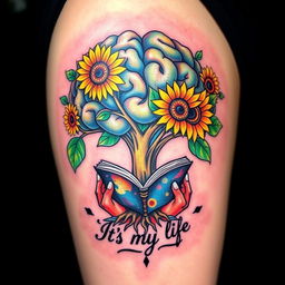 A colorful tattoo design featuring a brain-shaped tree, symbolizing intelligence and creativity