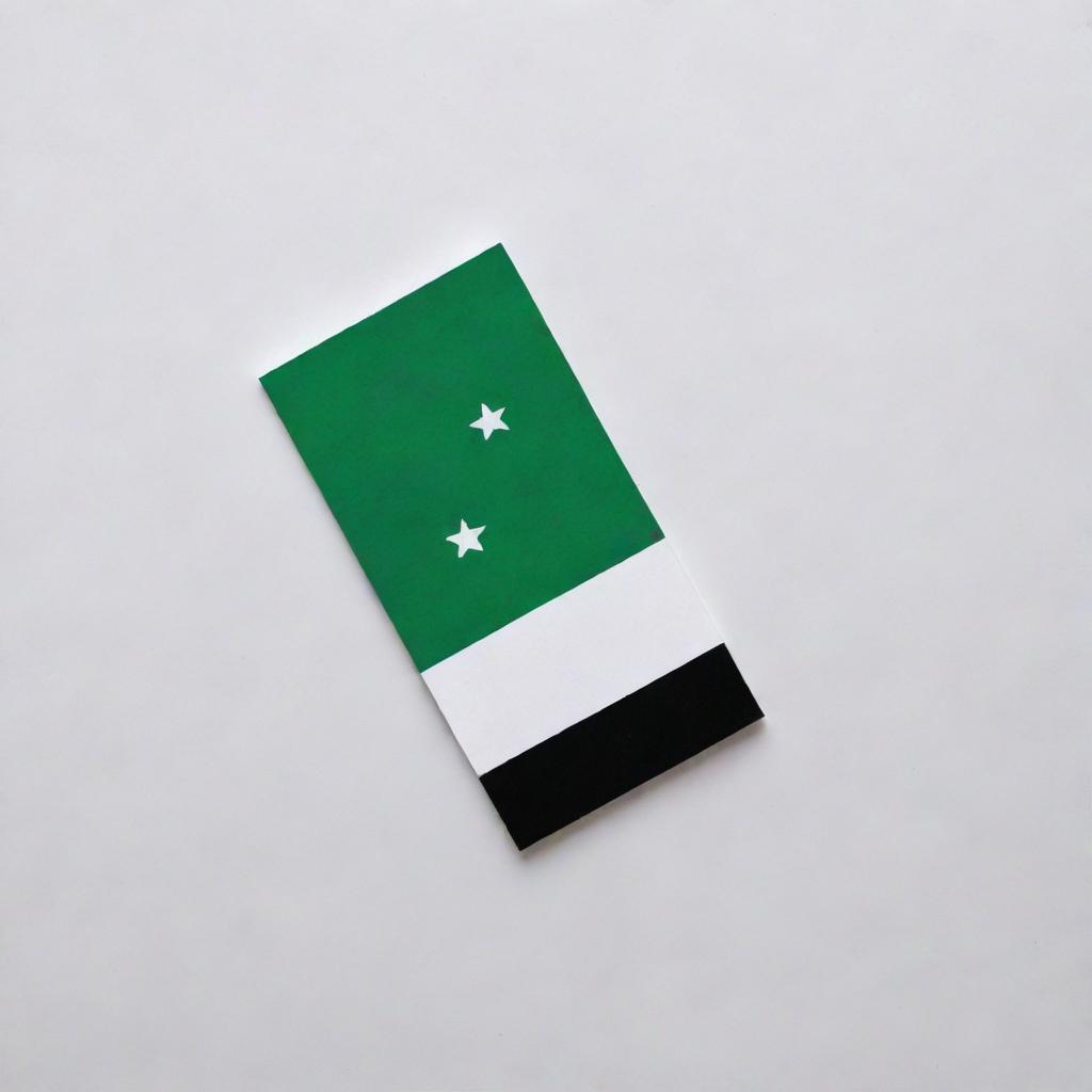 Craft a Syrian flag with the phrase 'لا إله إلا الله' tastefully inscribed in elegant Arabic calligraphy between its traditional two green stars on the white band.