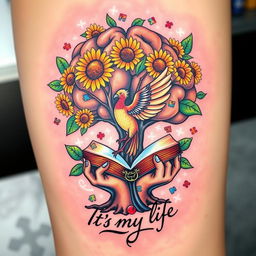 A vibrant and colorful tattoo design featuring a brain-shaped tree, symbolizing creativity and intelligence