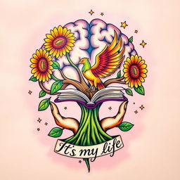 A colorful tattoo design featuring a brain-shaped tree, symbolizing intelligence and creativity