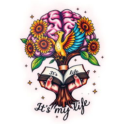 A colorful tattoo design featuring a brain-shaped tree, symbolizing intelligence and creativity