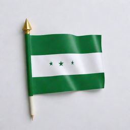 Craft a Syrian flag with the phrase 'لا إله إلا الله' tastefully inscribed in elegant Arabic calligraphy between its traditional two green stars on the white band.