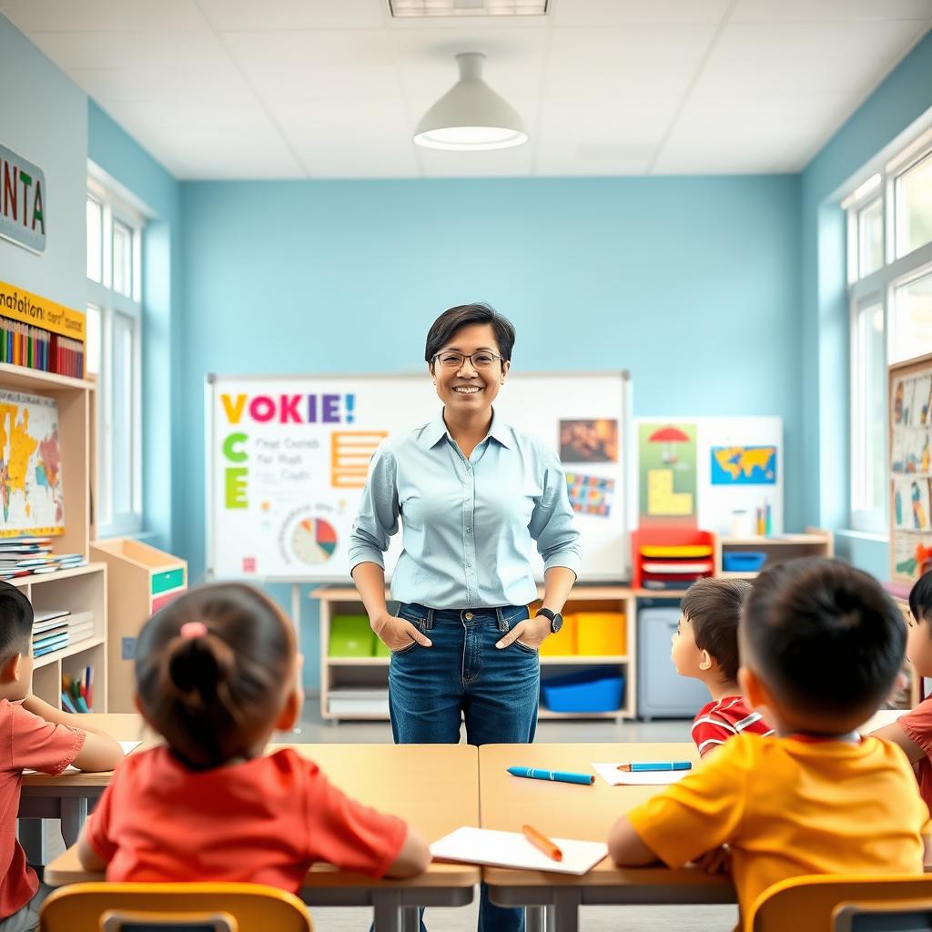 A smiling Asian teacher in a bright and colorful classroom, surrounded by educational materials like books, a whiteboard with colorful markers, and student desks