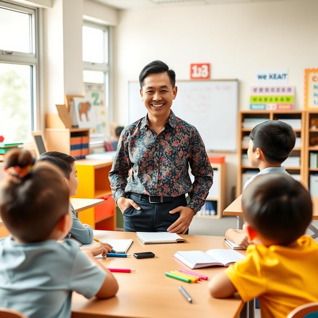 A smiling Asian teacher in a bright and colorful classroom, surrounded by educational materials like books, a whiteboard with colorful markers, and student desks