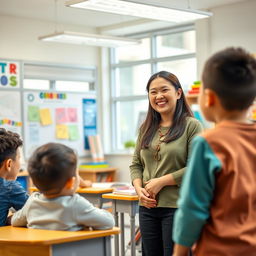 A smiling Asian teacher in a bright and colorful classroom, surrounded by educational materials like books, a whiteboard with colorful markers, and student desks