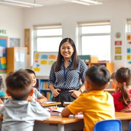 A smiling Asian teacher in a bright and colorful classroom, surrounded by educational materials like books, a whiteboard with colorful markers, and student desks