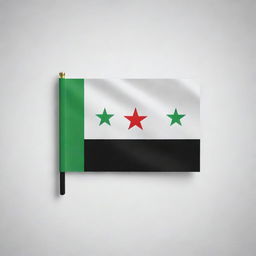 Craft a Syrian flag with the phrase 'لا إله إلا الله' tastefully inscribed in elegant Arabic calligraphy between its traditional two green stars on the white band.