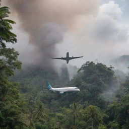 The tranquil tropical island disrupted by a sudden airplane crash. The plane is lodged in the lush jungle, smoke rising up into the air, changing the serene atmosphere dramatically.