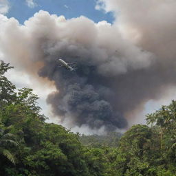 The tranquil tropical island disrupted by a sudden airplane crash. The plane is lodged in the lush jungle, smoke rising up into the air, changing the serene atmosphere dramatically.