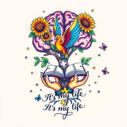 A vibrant and colorful tattoo design featuring a brain-shaped tree symbolizing creativity and wisdom