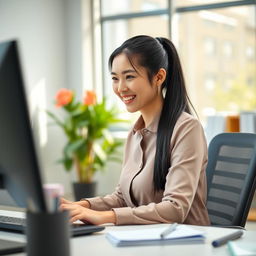 A cheerful 28-year-old Asian woman working in an office, smiling as she looks at her computer screen