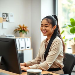 A cheerful 28-year-old Asian woman working in an office, smiling as she looks at her computer screen