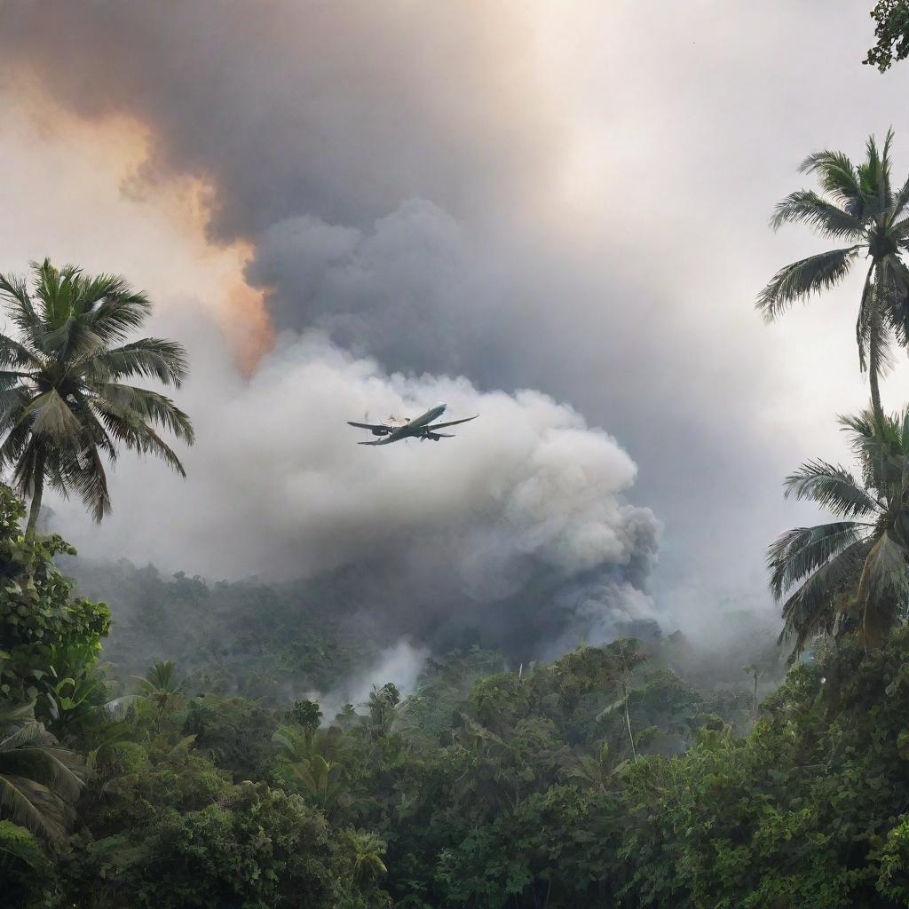 The tranquil tropical island disrupted by a sudden airplane crash. The plane is lodged in the lush jungle, smoke rising up into the air, changing the serene atmosphere dramatically.