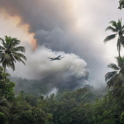 The tranquil tropical island disrupted by a sudden airplane crash. The plane is lodged in the lush jungle, smoke rising up into the air, changing the serene atmosphere dramatically.