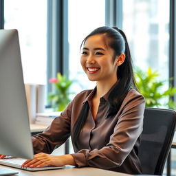 A cheerful 28-year-old Asian woman working in an office, smiling as she looks at her computer screen