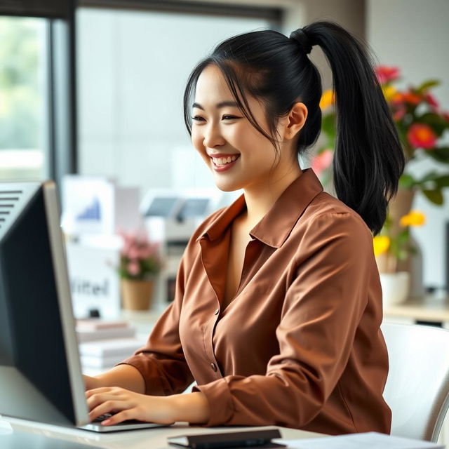 A cheerful 28-year-old Asian woman working in an office, smiling as she looks at her computer screen