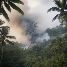 The tranquil tropical island disrupted by a sudden airplane crash. The plane is lodged in the lush jungle, smoke rising up into the air, changing the serene atmosphere dramatically.