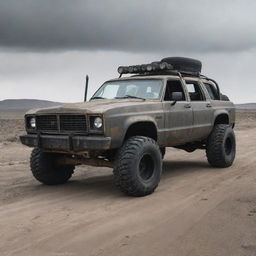 A rugged, modified post-apocalyptic car equipped with heavy-duty tires, makeshift armor, and survival equipment, maneuvering through a desolate, dystopian landscape.