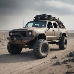 A rugged, modified post-apocalyptic car equipped with heavy-duty tires, makeshift armor, and survival equipment, maneuvering through a desolate, dystopian landscape.