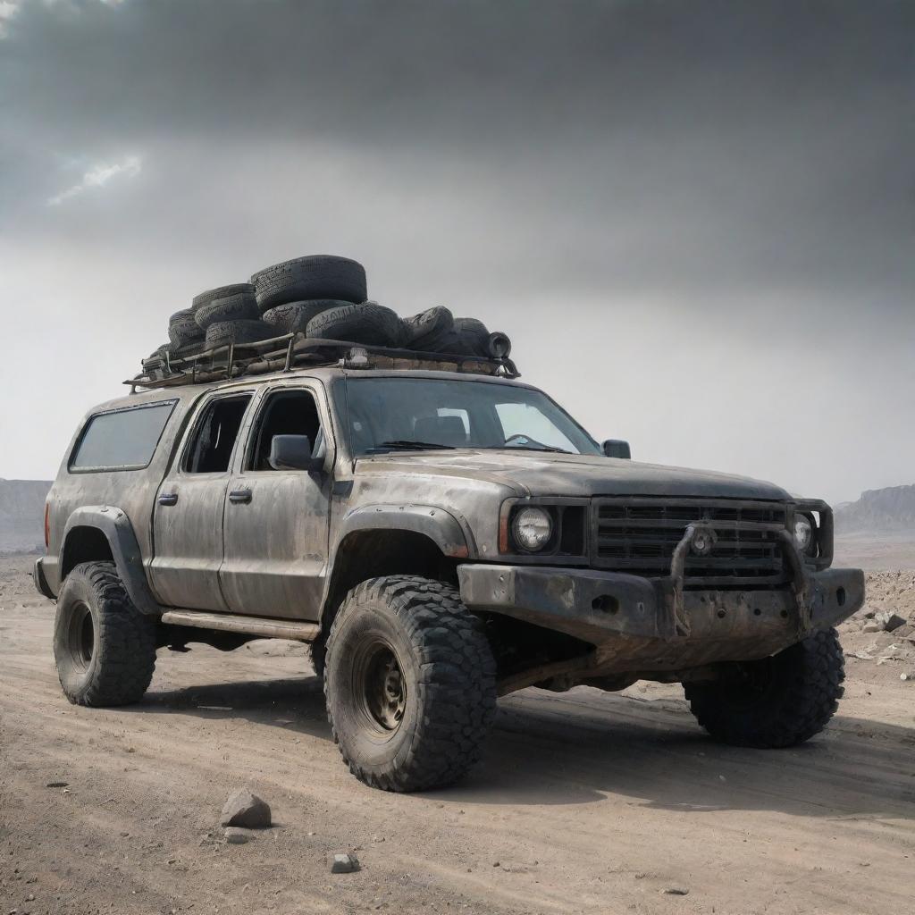 A rugged, modified post-apocalyptic car equipped with heavy-duty tires, makeshift armor, and survival equipment, maneuvering through a desolate, dystopian landscape.