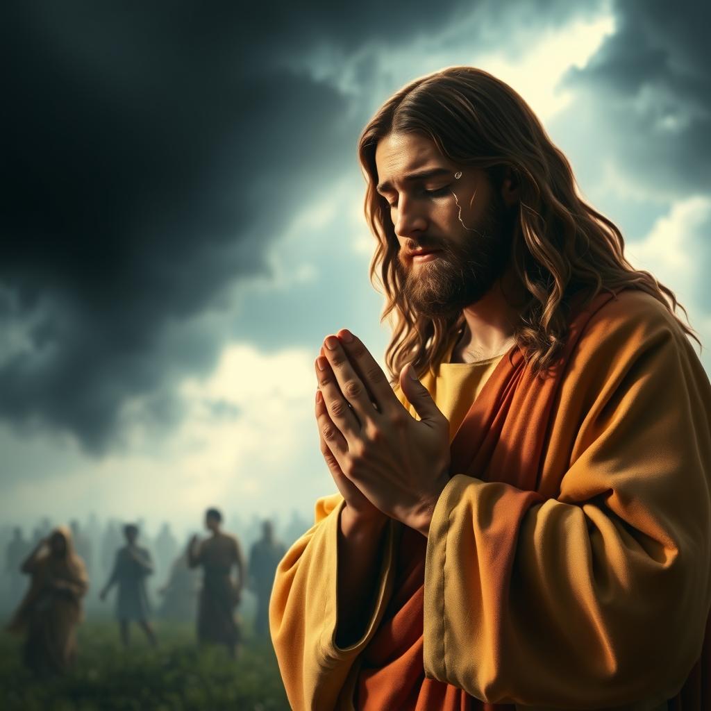 A poignant scene depicting Jesus weeping as he prays for people suffering in disaster