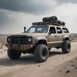 A rugged, modified post-apocalyptic car equipped with heavy-duty tires, makeshift armor, and survival equipment, maneuvering through a desolate, dystopian landscape.