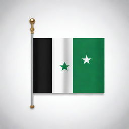 Depict a Syrian flag where the phrase 'لا إله إلا الله' is elegantly inscribed in Arabic calligraphy between its two green stars on the white band.