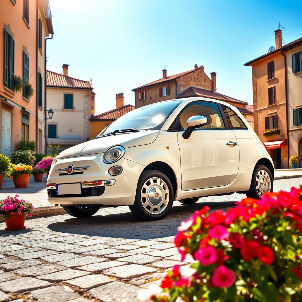 A Fiat 500 Dolce Vita in a pristine white color, parked on a picturesque Italian street