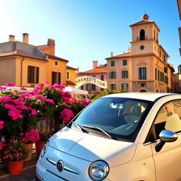 A Fiat 500 Dolce Vita in a pristine white color, parked on a picturesque Italian street