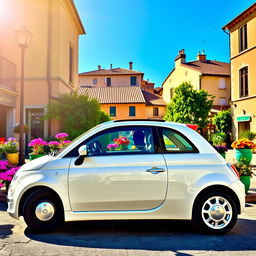 A Fiat 500 Dolce Vita in a pristine white color, parked on a picturesque Italian street