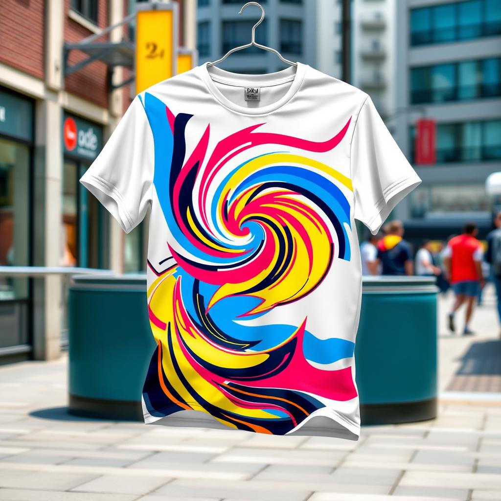 A vibrant and eye-catching graphic t-shirt design featuring a bold, abstract pattern with bright colors like electric blue, fiery red, and vivid yellow