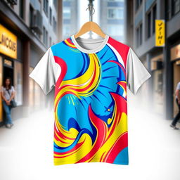 A vibrant and eye-catching graphic t-shirt design featuring a bold, abstract pattern with bright colors like electric blue, fiery red, and vivid yellow