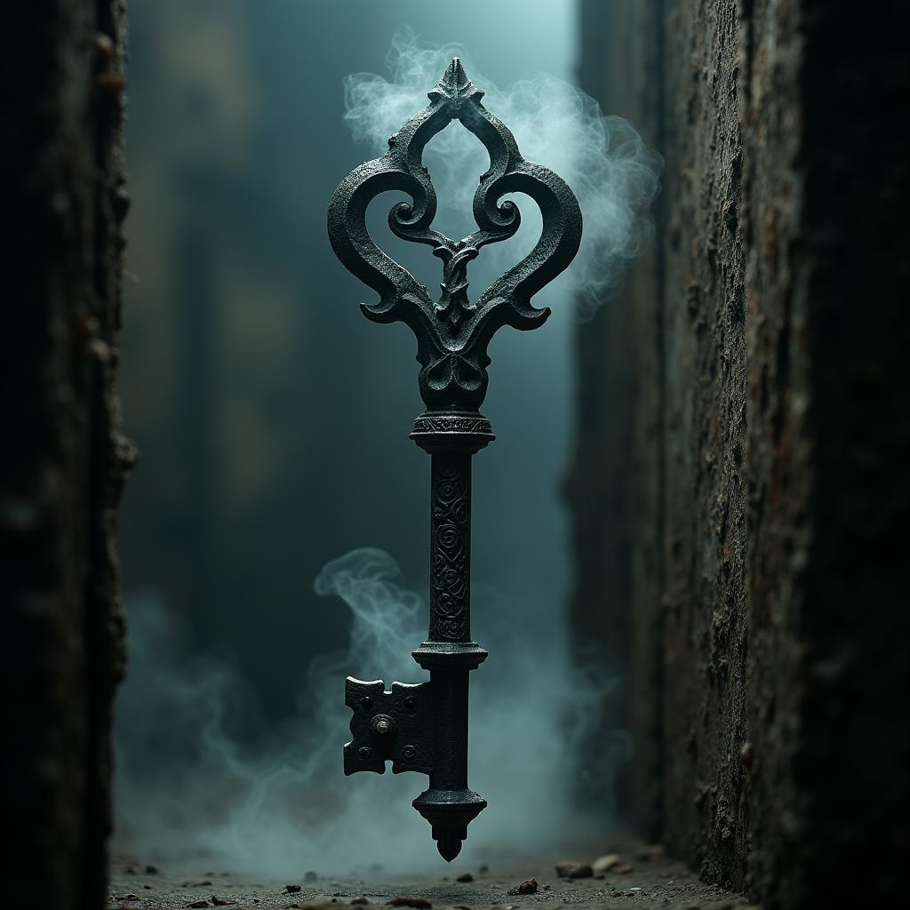 An eerie and mystical image of a haunted key, intricately designed with gothic elements