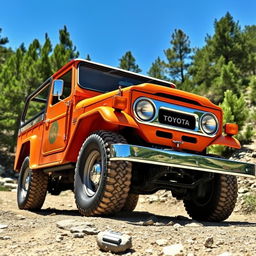 A classic 1985 Toyota Bundera RJ70, showcasing its rugged and vintage design, parked on a scenic mountain trail