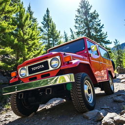 A classic 1985 Toyota Bundera RJ70, showcasing its rugged and vintage design, parked on a scenic mountain trail