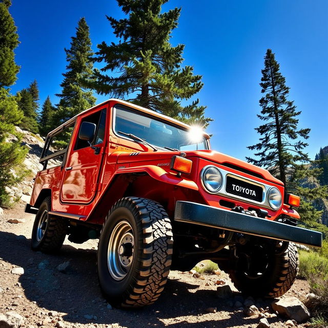 A classic 1985 Toyota Bundera RJ70, showcasing its rugged and vintage design, parked on a scenic mountain trail