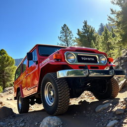 A classic 1985 Toyota Bundera RJ70, showcasing its rugged and vintage design, parked on a scenic mountain trail