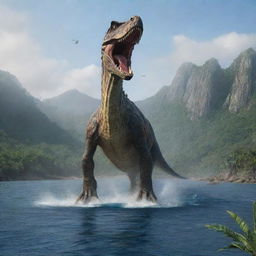 The tranquil island after the airplane crash is further disturbed by the sudden appearance of a majestic Spinosaurus, towering over the landscape with its sail-like spine and sharp teeth, adding an element of prehistoric danger.